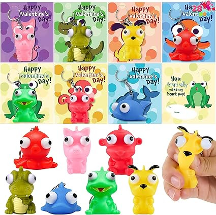 JOYIN 28 Packs Valentine's Day Gift Cards with Popping Eyes Animal Keychains for Kids Party Favor... | Amazon (US)
