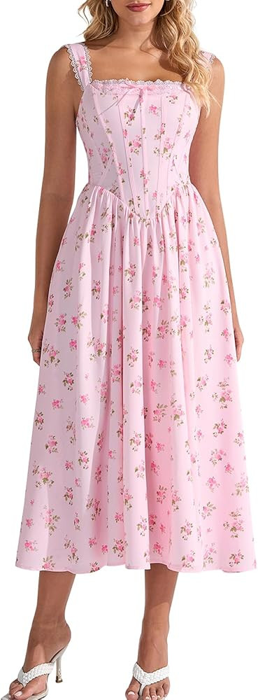 EYNMIN Floral Corset Midi Wedding Guest Dresses for Women 2026 Spring Summer Milkmaid Dress Lace ... | Amazon (US)