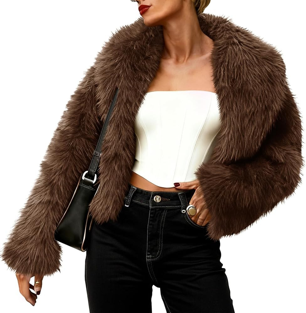 Tankaneo Womens Faux Fur Jacket Cropped Winter Fall Shaggy Coats Long Sleeve Fluffy Short Coat Fu... | Amazon (US)