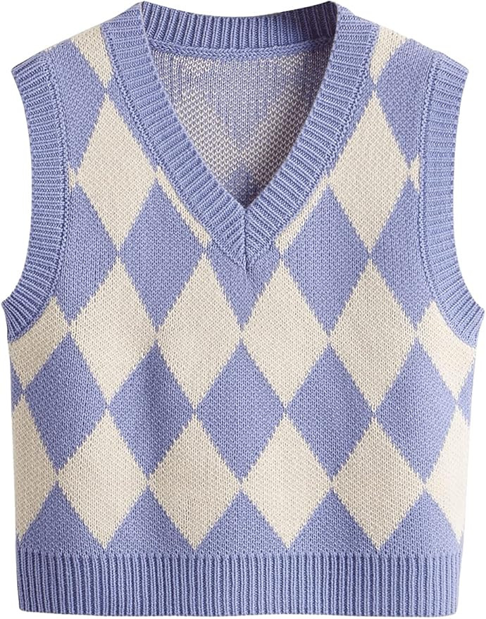 SweatyRocks Women's Plaid Geo Sleeveless V Neck Knit Crop Top Sweater Vest | Amazon (US)