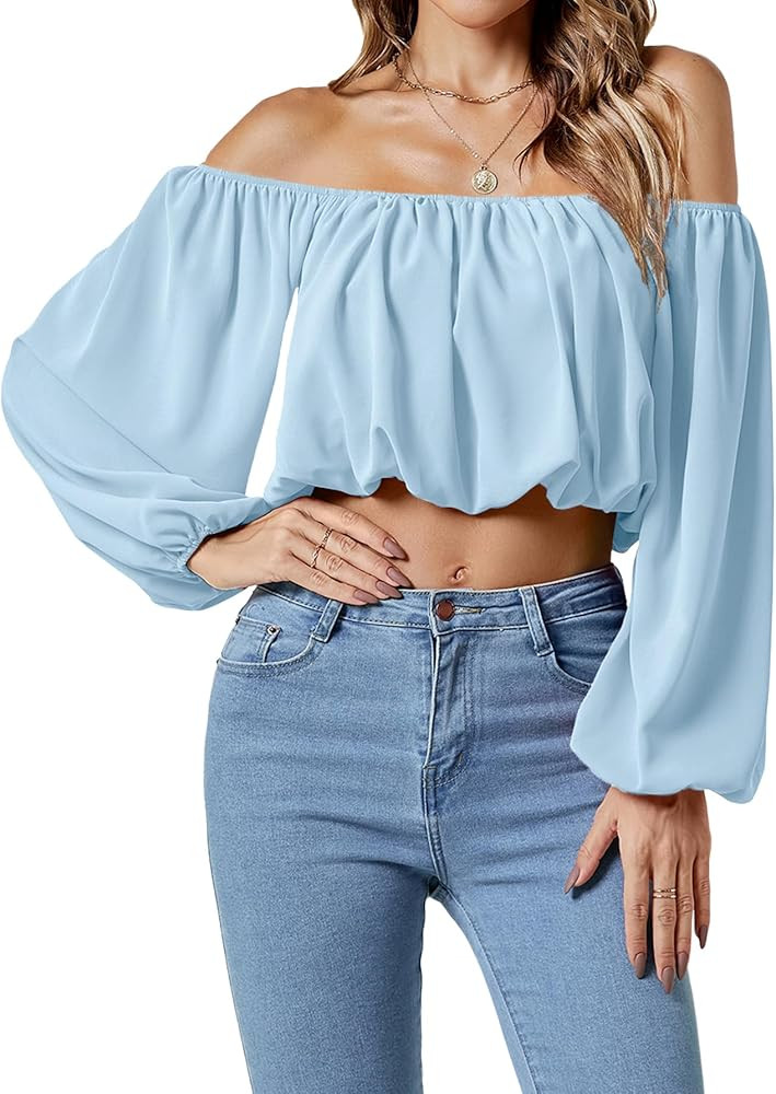 Umenlele Women\u2019s Casual Off Shoulder Ruched Lantern Long Sleeve Crop Top Blouse Shirt | Amazon (US)