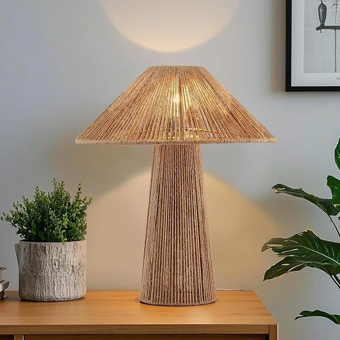 13” Plug in Boho Table Light Hand Woven Rattan Table Lamp Classic Wicker Desk Lamp for Bedsides... | Amazon (US)