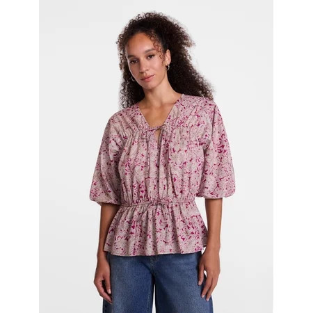 Scenario Women s Front Tie Peplum Top with 3/4-Length Sleeves  Size XS-XXXL | Walmart (US)