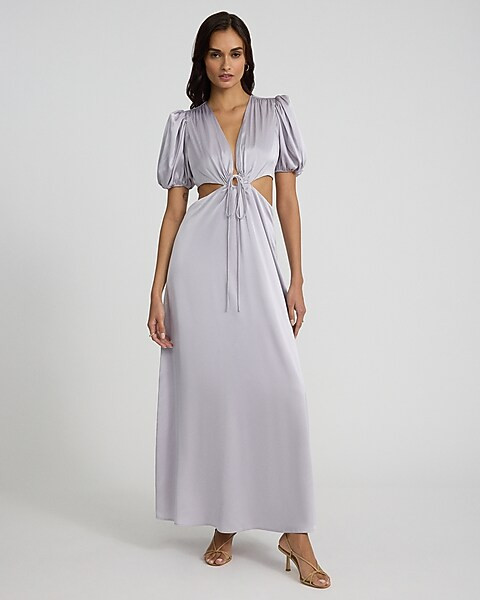 Satin V-Neck Puff Sleeve Tie Front Cutout Maxi Dress | Express