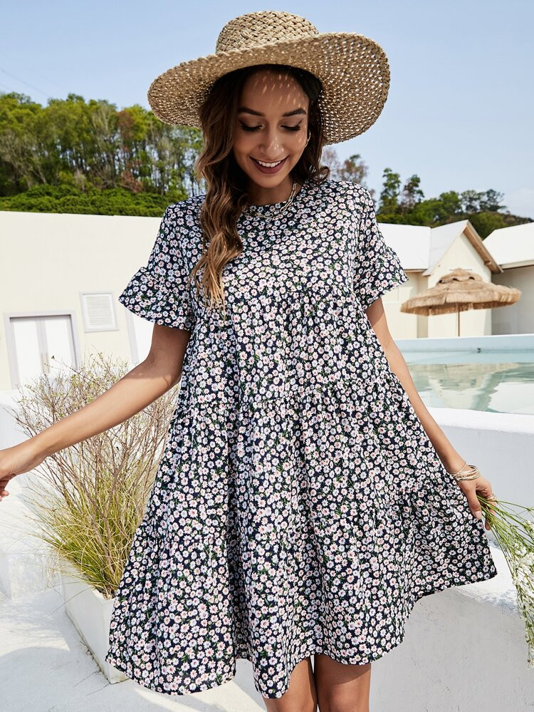 Ditsy Floral Flounce Sleeve Smock Dress | SHEIN