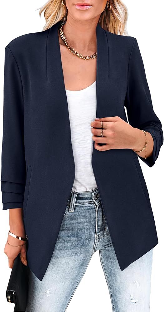 MASCOMODA Women's 2023 Fall Ruched 3/4 Sleeve Open Front Blazer Jacket Casual Business Work Offic... | Amazon (US)
