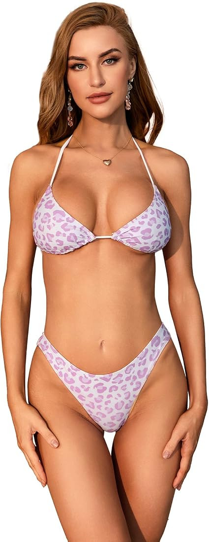 WDIRARA Women's Leopard Print Tie Back Halter Bikini Set Swimsuit Two Piece Bathing Suit | Amazon (US)