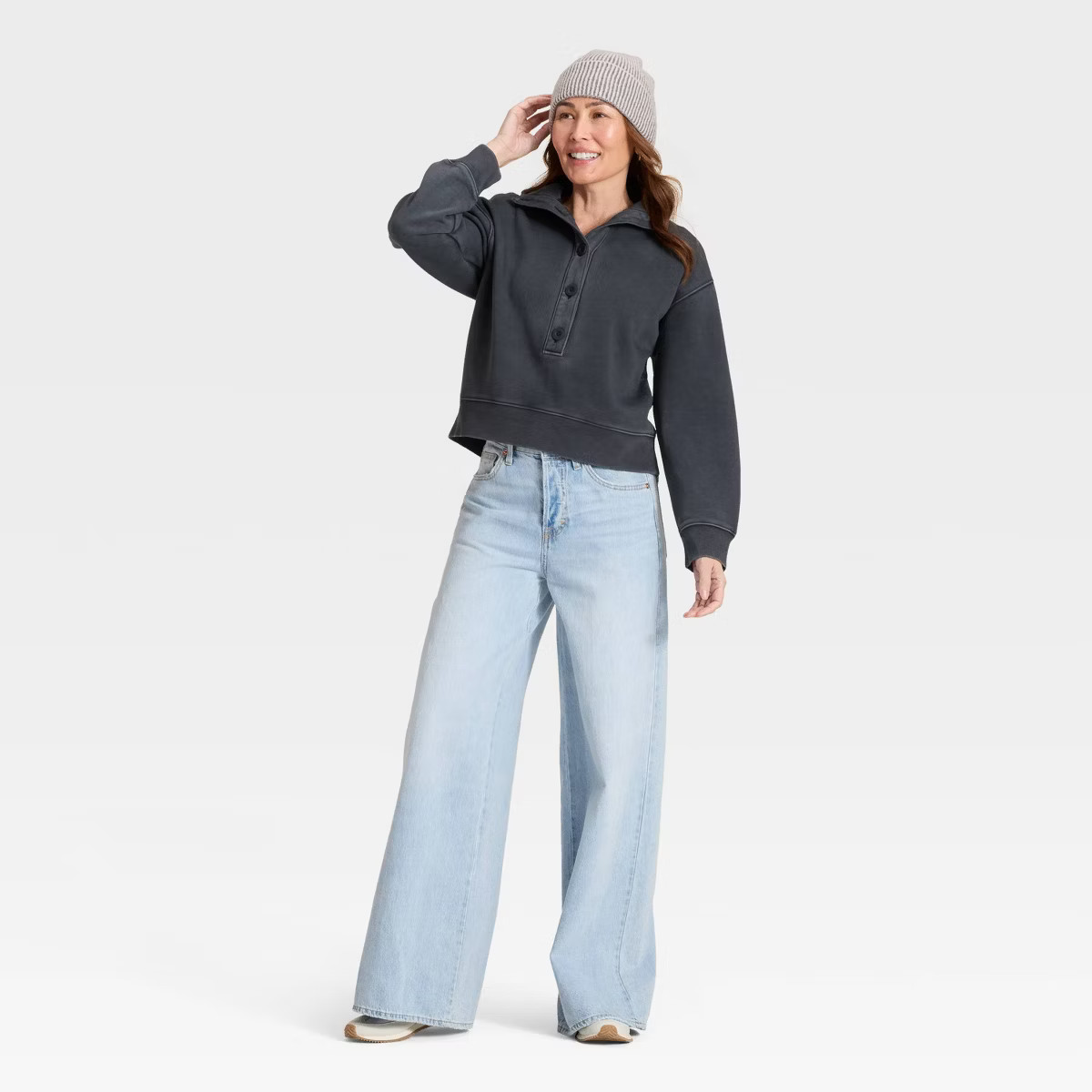 Women's Button-Front Pullover Sweatshirt - Universal Thread™ Black M | Target