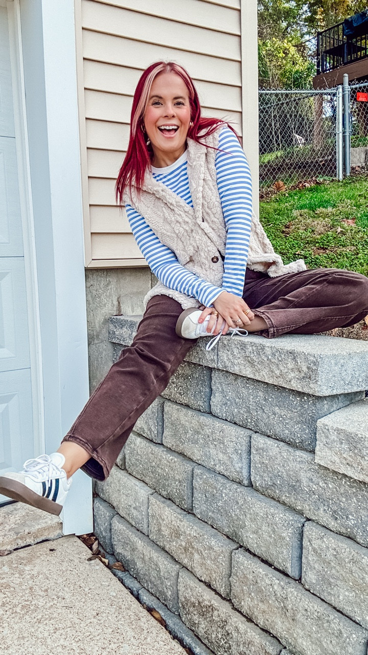 Vest - medium - Amazon 
Tshirt - medium - Amazon 
Jeans - 8 - Walmart 
Shoes - adidas 
Earrings - target 

#LTKSeasonal #LTKPetite #LTKootd