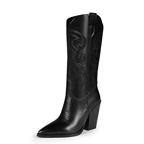 ISNOM Black Cowgirl Boots for Womens Western Boots Tall Black Cowboy Boots for Women Knee High Western Boots for Women Tall Cowboy Boots Women Wide Calf Cowboy Boots Women Heeled Cowgirl Boots | Amazon (US)