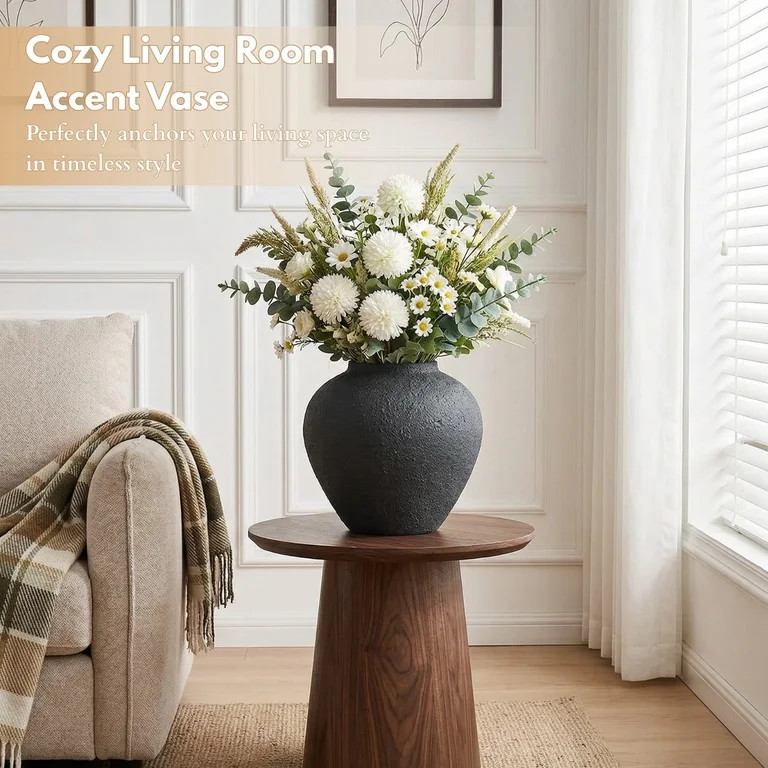 Large Rustic Iron Round Vase, Earthy Textured Pottery Look for Modern Farmhouse Home Decor, Black | Walmart (US)
