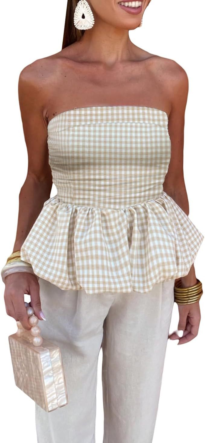 Women Y2k Peplum Tube Top Smocked Back Ruffle Hem Bandeau Top Bubble Hem Strapless Flowy Tank Top... | Amazon (US)