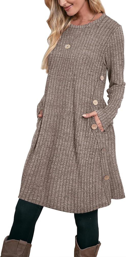 OFEEFAN Fall Dresses for Women 2026 Crew Neck Long Sleeve Dress with Pockets | Amazon (US)