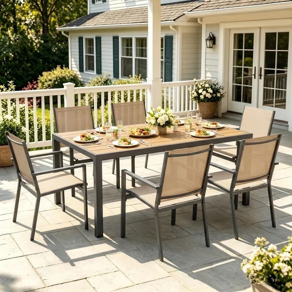 TLSUNNY Outdoor Patio Dining Set of 7, Rectangular Dining Table with Umbrella Hole and 6 Stackabl... | Walmart (US)