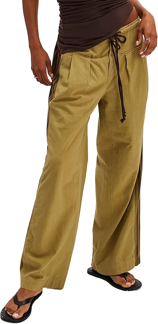 Side Striped Pants Women Drawstring Wide Leg Pants High Waisted Loose Slouchy Palazzo Sweatpants | Amazon (US)