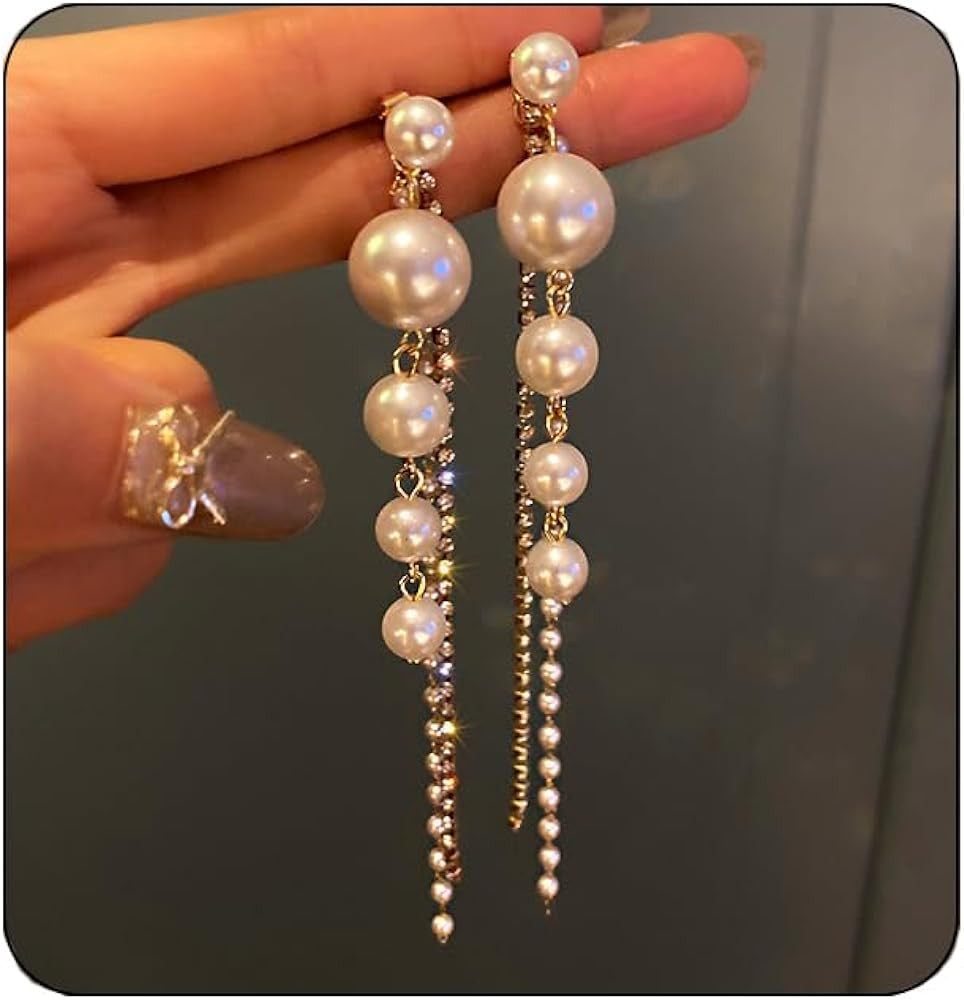 Long Pearl Earrings for Women,Long Tassel Pearl Earrings Dainty Baroque Freshwater Pearl Drop Dan... | Amazon (US)