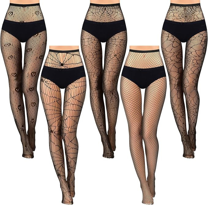 5 Pairs Women Fishnet Tights High Waist Patterned Pantyhose Stockings Spiderweb Skull Mesh Net Ti... | Amazon (US)