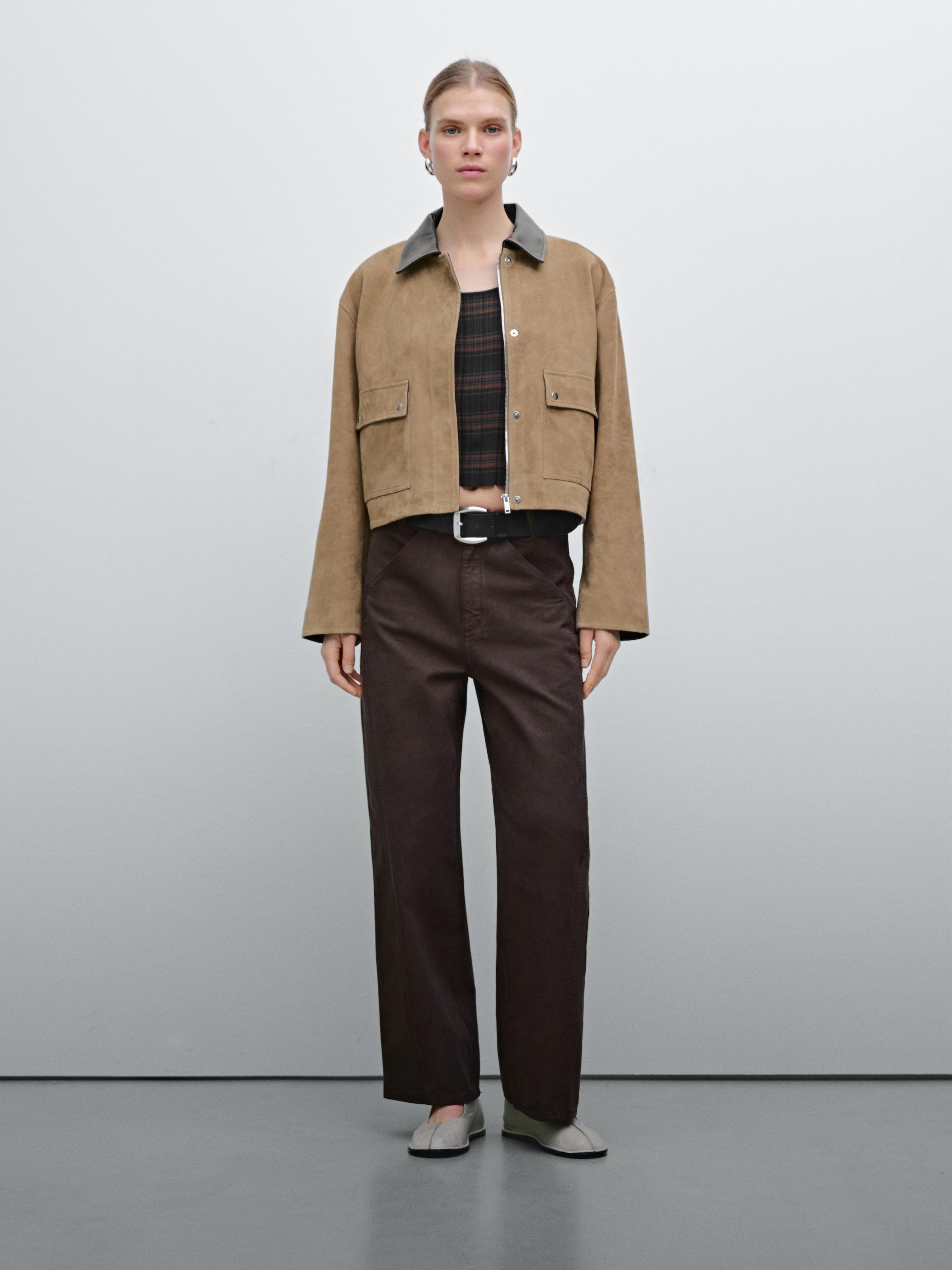 Jacket made of goatskin leather with a suede finish. Shirt collar. Concealed zip with snap-button... | Massimo Dutti US