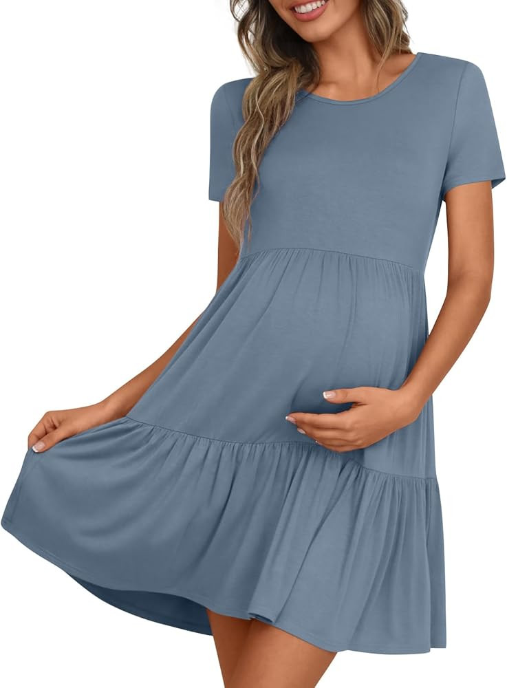 Women's Maternity Summer Short Sleeve Dresses Ruffle Tiered Swing Loose Fit Pregnancy Dress | Amazon (US)