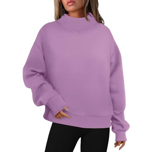 Comfy Sweatshirts For Women, Mock Neck Sweatshirt Womens Oversized Turtleneck Pullover Slouchy Fleece Long Sleeve Sweater Tops 2025 Fall Fashion Preppy Outfits Purple L | Amazon (US)