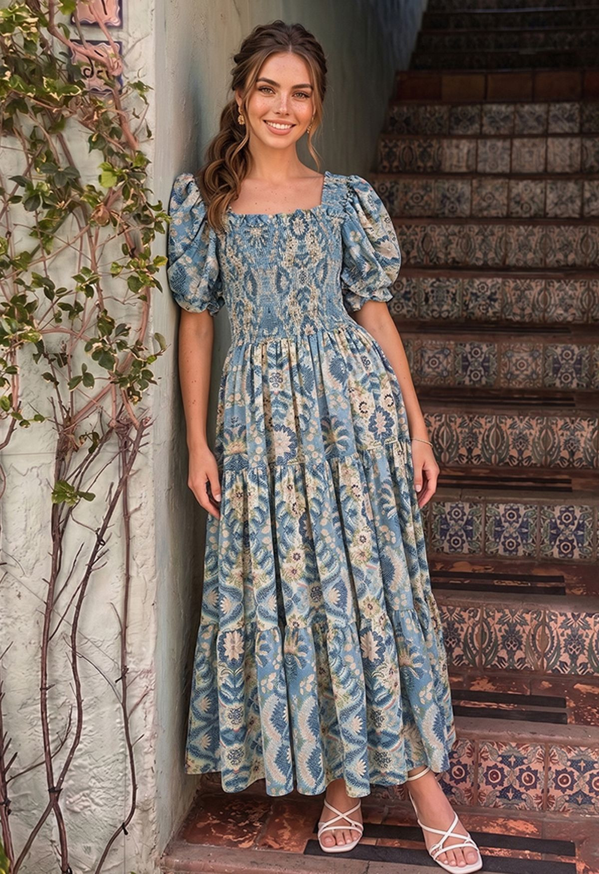 Bohemian Romance Floral Puff Sleeve Maxi Dress in Blue for Boho Weddings & Countryside Getaways | Chicwish