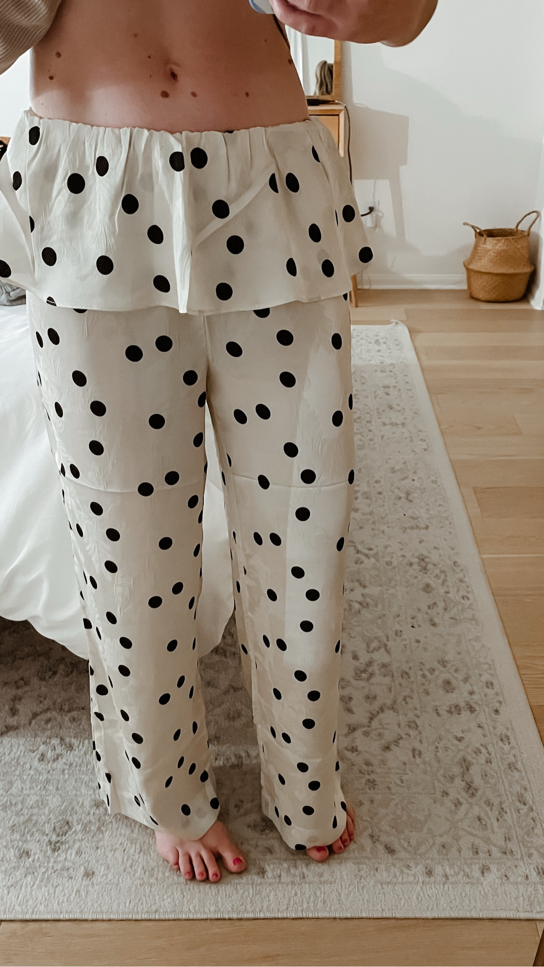 If you’re looking to jump on the peplum pants trend, these are fun and lightweight and under $200. They have an elastic waistband and fit TTS, wearing a small. 