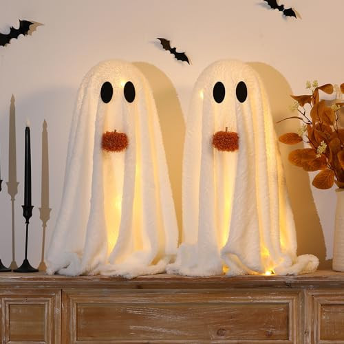 Halloween Decorations-2 Pack Light-Up Sherpa Ghosts with Pumpkin Halloween Decor Indoor Cute Ghost Decorative Signs Tabletop Decor for Party Home Kitchen and Fireplace | Amazon (US)