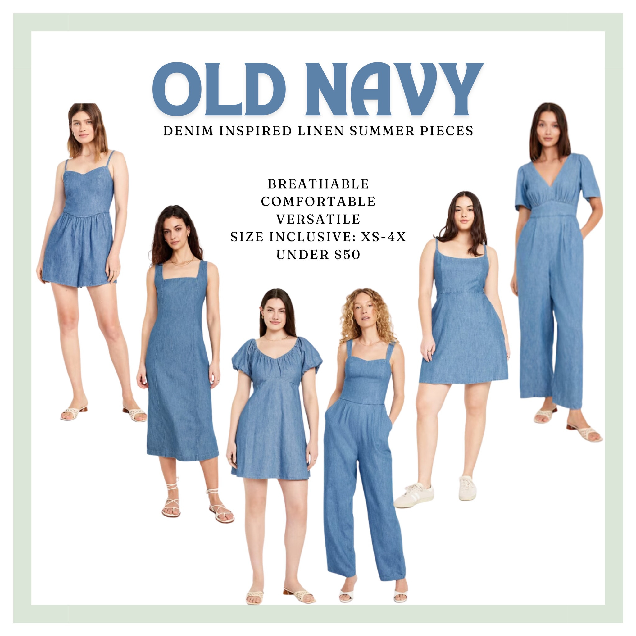OLD NAVY - DENIM INSPIRED LINEN SUMMER PIECES 

These dresses, rompers, and jumpsuits are breathable, comfortable, very versatile in styling options, affordable, and trendy. In addition to that, all of these pieces from Old Navy are size inclusive with sizes from XS to 4XL! 

#LTKStyleTip #LTKOver40 #LTKFindsUnder50