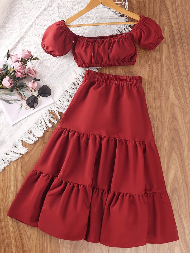 Girls Off Shoulder Puff Sleeve Top & Ruffle Hem Skirt | SHEIN USA | SHEIN