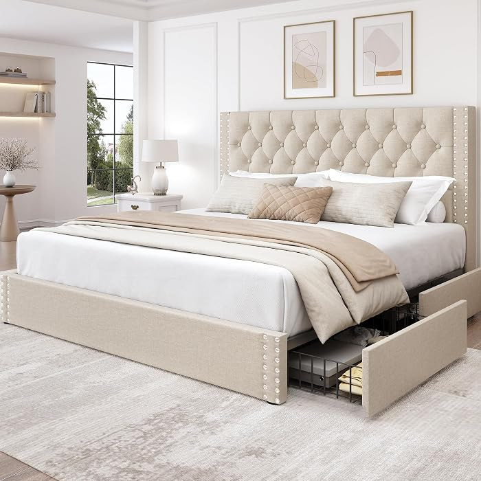 King Size Bed Frame with 4 Storage Drawers and Tufted Headboard Linen Upholstered Platform Bed Fr... | Amazon (US)