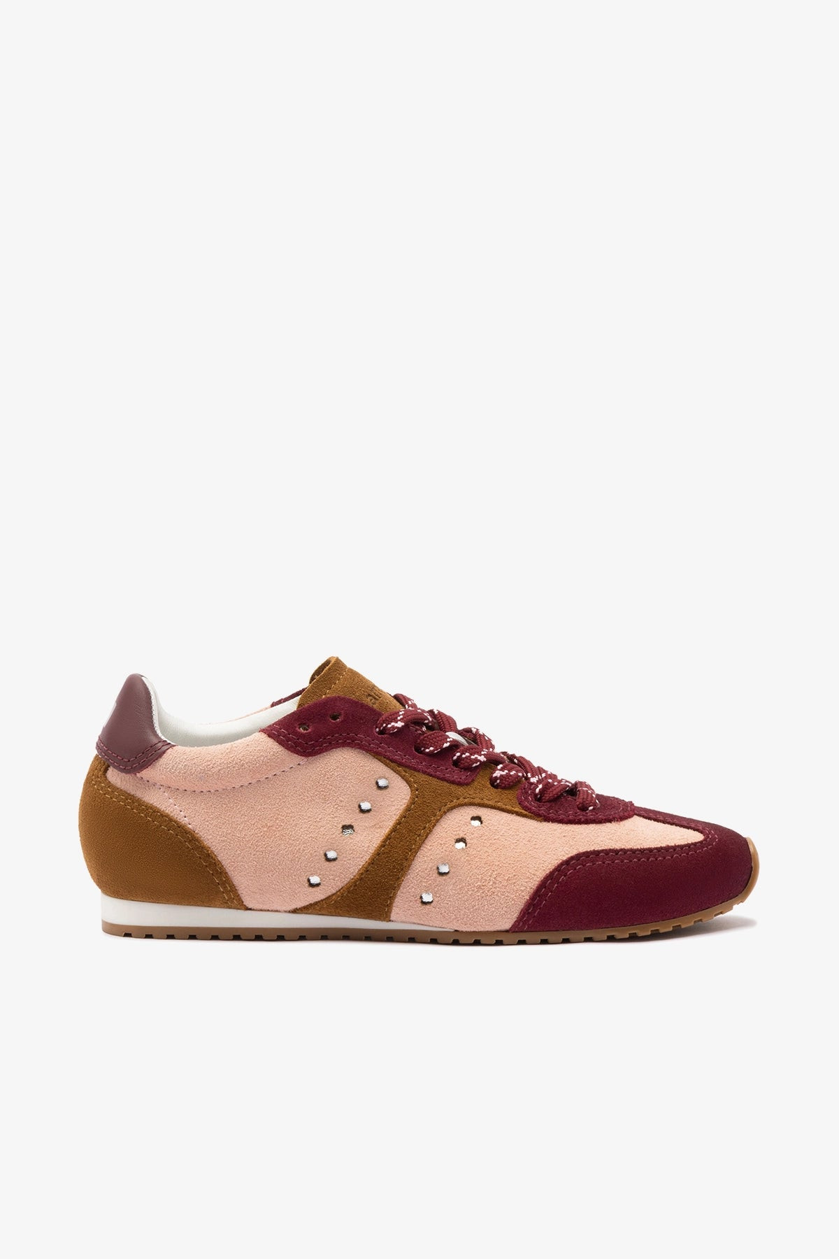 Stella Sneaker In Tulip, Russet and Wine Suede and Silver Metallic Leather | Larroude