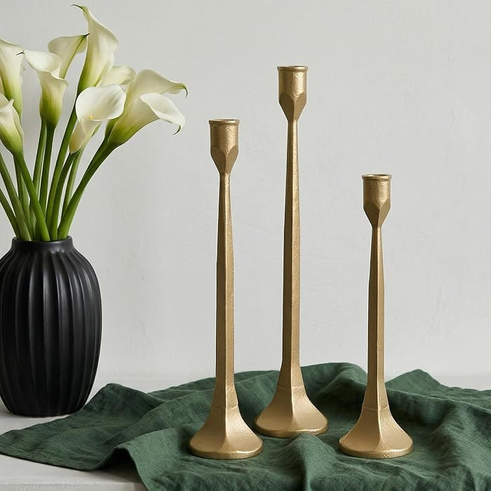 Gold Iron Taper Pillar Candle Holders Set of 3, Candlestick Holders Rustic Vintage Decorations, T... | Amazon (US)
