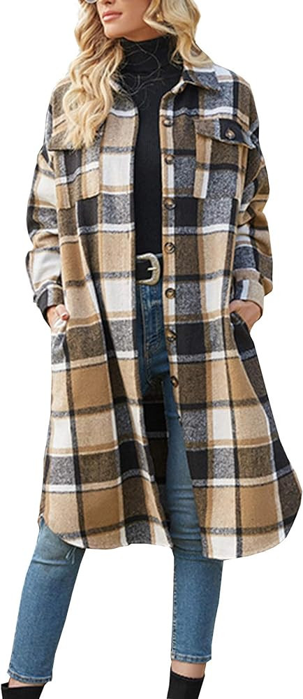 Ainangua Women's Casual Wool Blend Long Plaid Shirt Jacket Button Down Pocketed Shirt Shacket | Amazon (US)