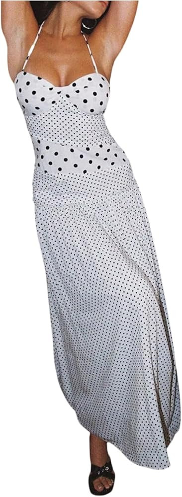 MakeMeChic Women's Polka Dots Halter Dress Tie Backless Summer Maxi Dresses | Amazon (US)