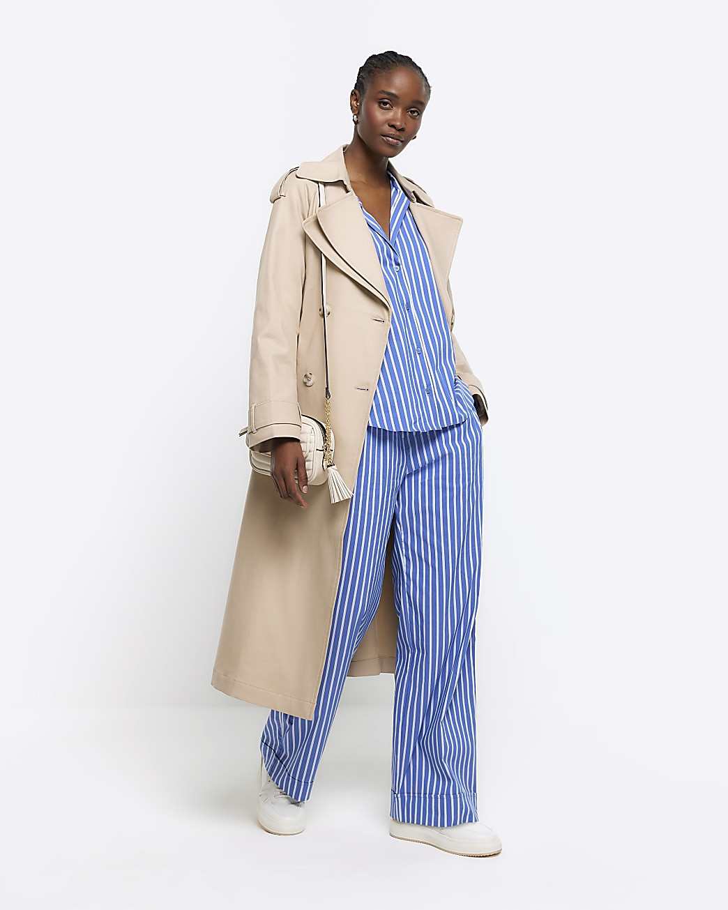 Blue stripe poplin pull on trousers | River Island (UK & IE)