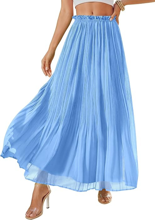PRETTYGARDEN Pleated Midi Skirts for Women 2026 Flowy Summer Beach Vacation High Waisted Chiffon ... | Amazon (US)
