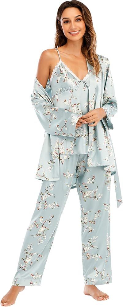Escalier Women's Silk Satin Pajamas Set 3 Pcs Floral Silky Pj Sets Sleepwear Cami Nightwear with ... | Amazon (US)