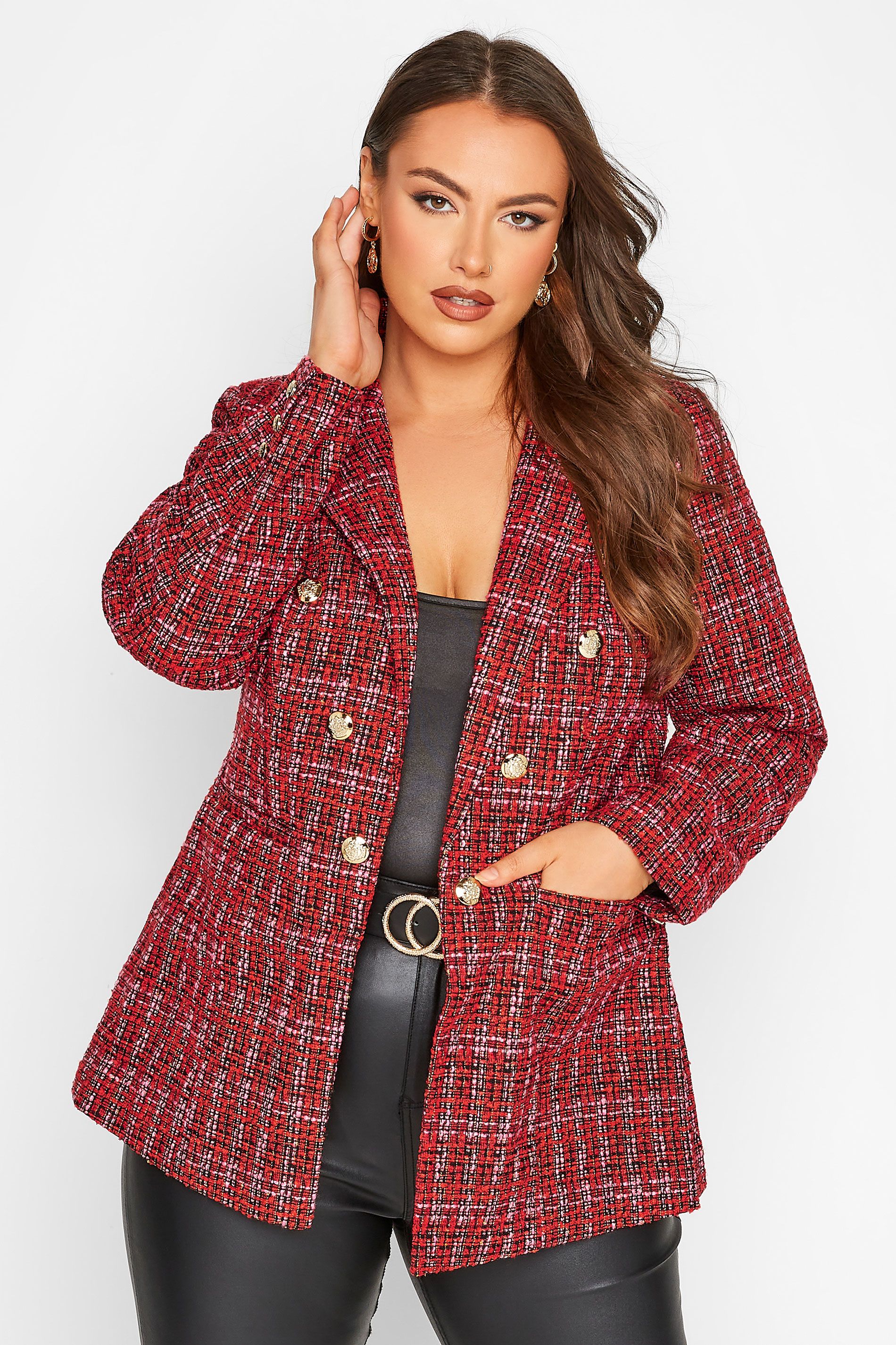 Plus Size Red Check Boucle Blazer | Yours Clothing UK