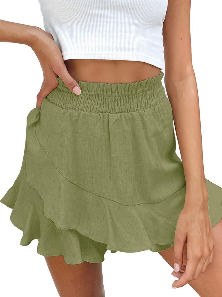 BNOOUIL Women's High Waisted Shorts Summer Casual Comfy Flowy Beach Linen Cotton Shorts Wrap Mini... | Amazon (US)