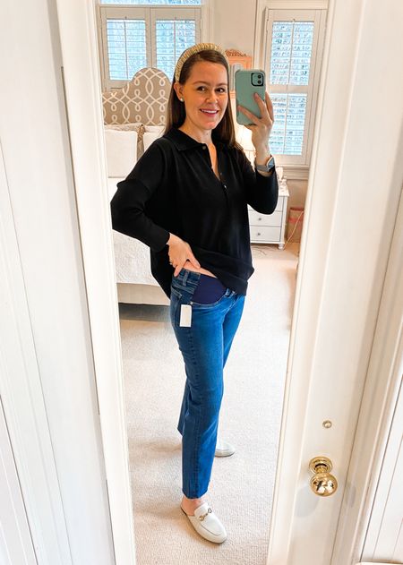 Loving these new maternity jeans! Flattering and fitted with plenty of room to grow! *Wearing my normal pre-pregnancy sizes 26 in pants and xs/small in top. 

Collared sweater. Princetown mule dupe. Maternity jeans. Bump friendly. Pregnancy. Postpartum. Maternity outfit. Gold headband. 

#LTKHoliday #LTKSeasonal #LTKbump