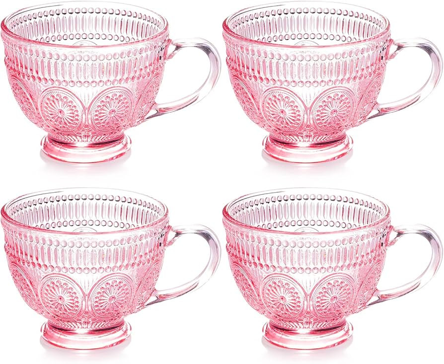Vintage 4 Pack Glass Coffee Mugs with Handle-14 oz Pink Embossed Glass Cups for Cappccino, Latte,... | Amazon (US)