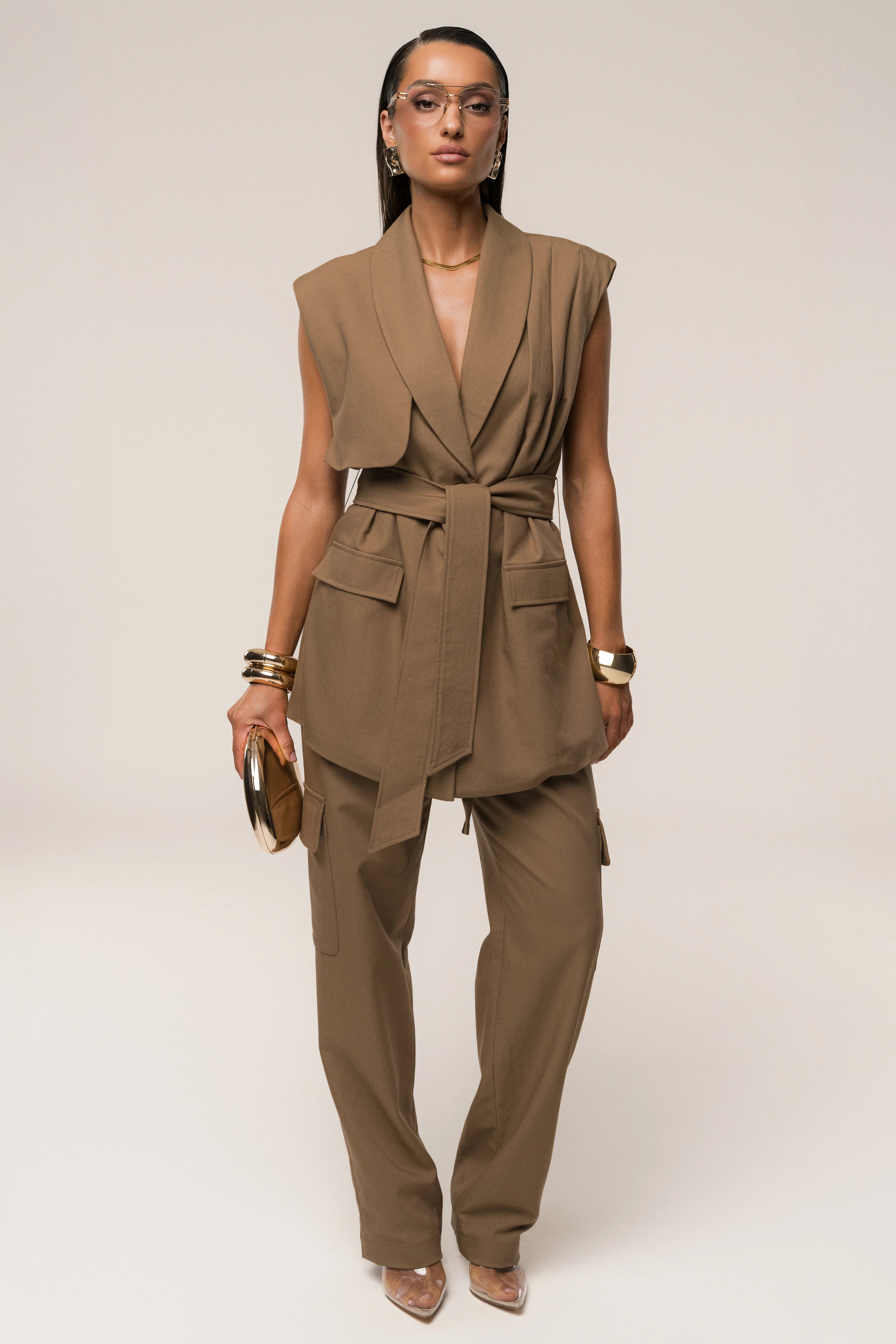 Tan Jeanie Belted Vest M | JLUXLABEL