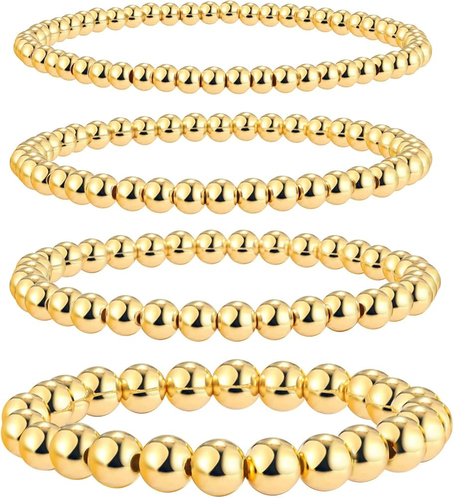 Gold Beaded Bracelets for Women, 18K Gold Plated Bead Ball Layered Bracelets Set Copper Beads Sta... | Amazon (US)