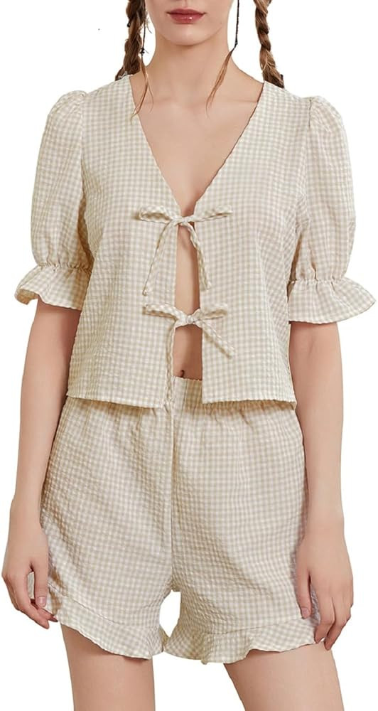Women Gingham Ruffle Pajama 2 Piece Set Puff Sleeve Babydoll Top Matching Shorts Sets Pj Lounge Y... | Amazon (US)