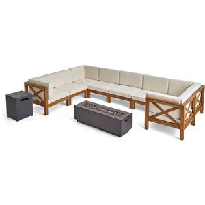 Thasos Wood 8 Seater U-Shaped Sectional Sofa and Fire Pit Teak Beige/Dark Gray | Cymax