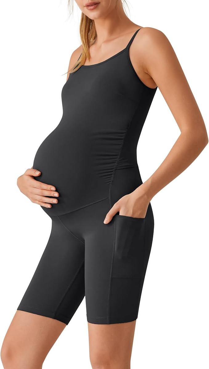G4Free BareFeel Built in Bra Maternity Romper Cut Out Back Pregnancy Jumpsuit with Pockets Workou... | Amazon (US)