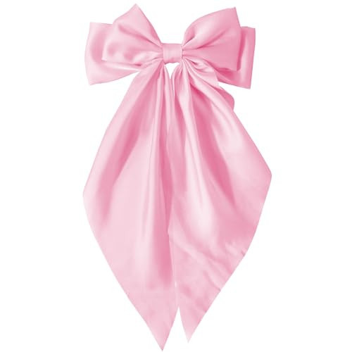Pink Hair Bows for Women Girls - Silky Satin Bow Hair Clip with Long Tail Ribbons - Coquette Hair Accessories (Pink,1Pcs) | Amazon (US)