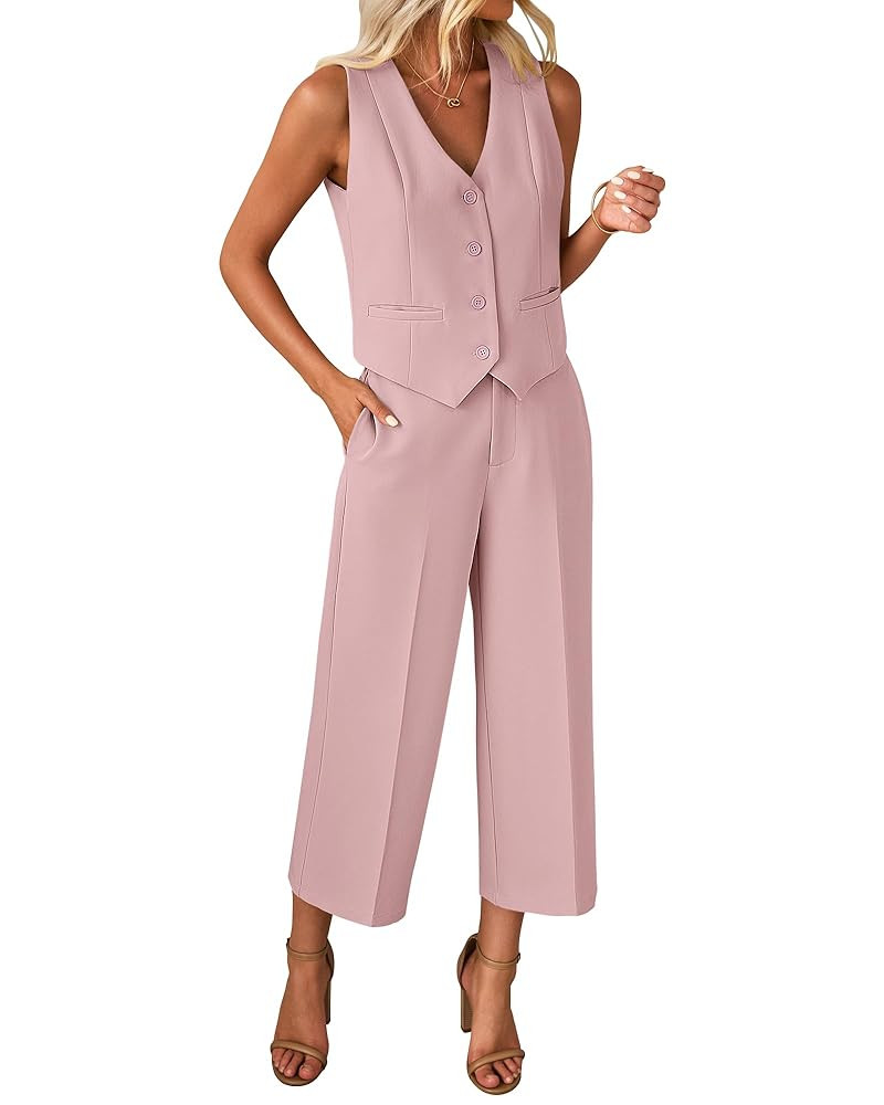 luvamia Pant Suits for Women Dressy Casual 2 Piece Sets Sleeveless Blazer Vest with Wide Leg Capr... | Amazon (US)