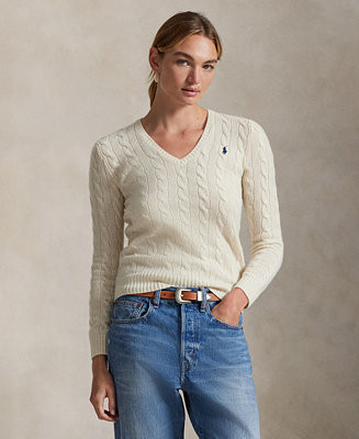 Women's Cable Wool-Cashmere V-neck Sweater | Macy's