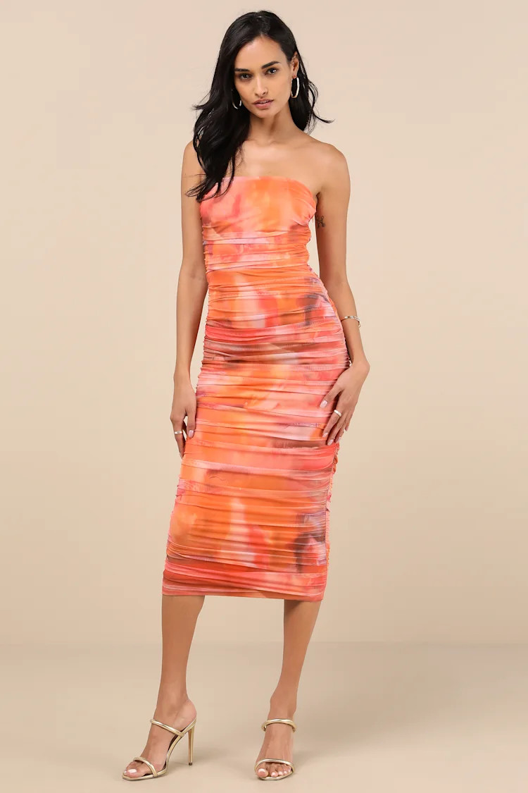 Vania Orange Abstract Mesh Ruched Strapless Midi Dress | Lulus